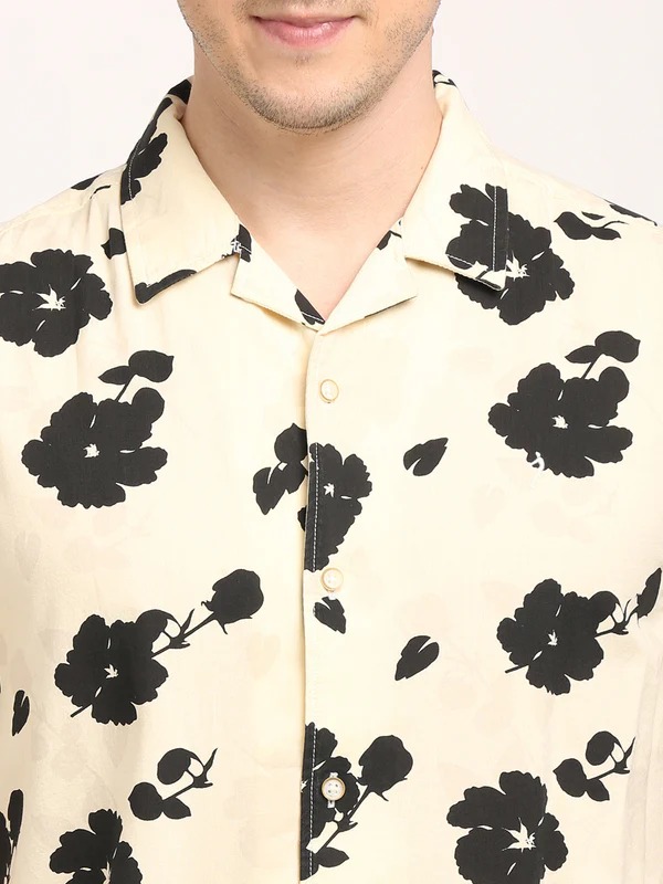 Indian Terrain Men's Slim Fit Half Sleeve All Over Print Beige Shirt